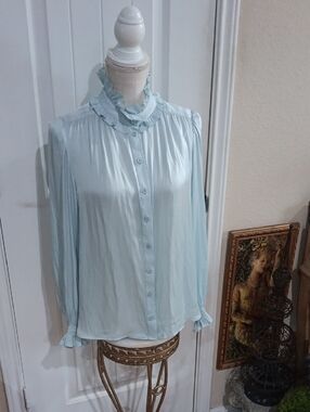 Zadig & Voltaire Tacca Blouse Glacial Blue French Chic Ruffle Neck Silk Feel